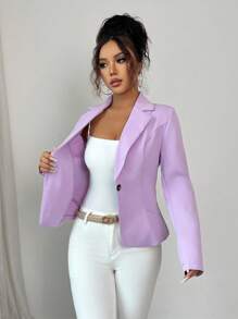 SHEIN Clasi 女士纯色无领单扣休闲西装外套 - 淡紫色 - 查看 3