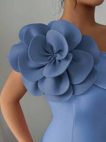 Modelyn Women's Oblique Shoulder Floral Decor French Elegant Party Dress - Blue - View 4