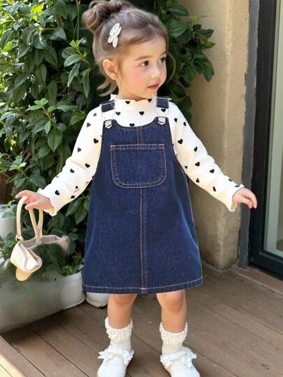 SHEIN Happikins Baby Girl Pocket Design Casual Loose Denim Pinafore Dress, Navy Blue, Blue Jean Jumper Dress For Toddler, Toddler Denim Overall Dress, Toddler Girl Denim Jumper Dress Fall Winter