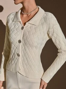 CLARA VERO Áo khoác len dệt kim màu ngà có cổ bẻ và nút cài nổi bật - Màu be - Xem 2