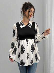 Momance Fashionable Casual Printed Patchwork Vintage Patchwork Collar Maternity Shirt