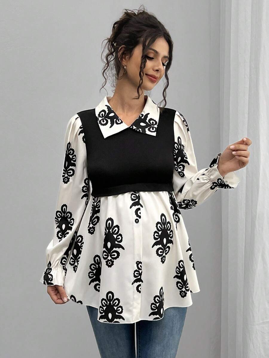Momance Fashionable Casual Printed Patchwork Vintage Patchwork Collar Maternity Shirt