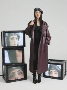 Anewsta معطف طويل أنيق ذو لون أحمر ثابت مزدوج الصدر من الأنجورا للنساء، مناسب للخريف والربيع