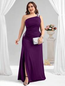 Coutiva 优雅派对水钻装饰单肩高开衩连衣裙 - 紫色 - 查看 4