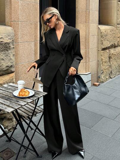 Aloruh Women's Basic Lapel NeckLong Sleeve Jacket And Pants Suit, Commuting & Daily Wear In Fall/Winter