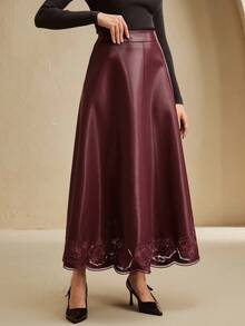 Anewsta Elaire 女士优雅刺绣喇叭裙、A字裙、街头风格裙子、秋冬 - 酒紅色 - 查看 4