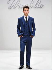 SHEIN 4pcs Set: Casual Navy Blue Blazer, Vest, Shirt And Pants For Teenage Boys, Formal Outfit For Events And Occasions Young Boys Suit Set Young Boys Suits Teen Boys Suits, School, Campus, College Fall Winter - Multicolor - View 1
