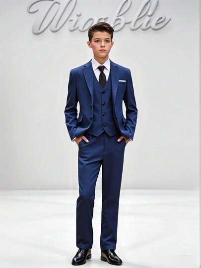 SHEIN 四件套：休闲藏蓝色西装外套、马甲、衬衫和裤子，适合青少年男孩，也可作为正式场合的服装。适合青少年、学生、大学生、学生 ...