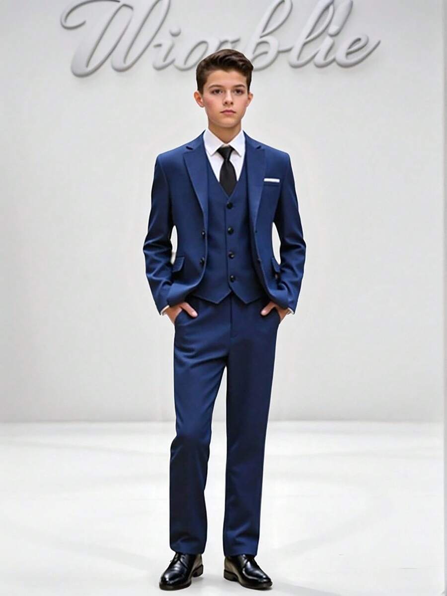 SHEIN 4pcs Set: Casual Navy Blue Blazer, Vest, Shirt And Pants For Teenage Boys, Formal Outfit For Events And Occasions Young Boys Suit Set Young Boys Suits Teen Boys Suits, School, Campus, College Fall Winter - Multicolor - View 1