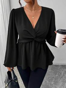 Firerie 大码休闲扭纹 A 字长袖衬衫，绿色 - 黑色 - 查看 5