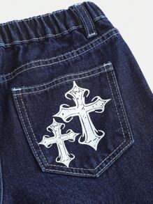 Girlism Jeans larges et amples à motif croisé imprimé Halloween, style punk Y2K pour préadolescentes, en bleu foncé lavé, coupe ample. Idéal pour la rentrée scolaire, les sorties, les voyages quotidiens, les activités extérieures, la maison, les brunchs, les thés, les trajets, les aéroports, l'automne, l'hiver, Noël - Jean brut - Voir 3