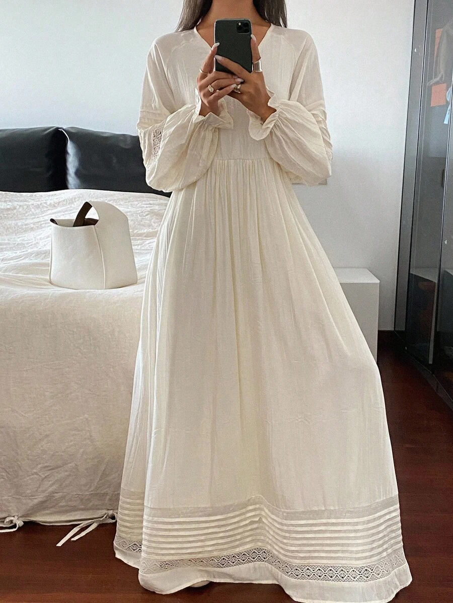 Livesso Váy midi ren chắp vá tay dài cổ chữ V, thắt eo cho nữ, mùa hè - trắng - Xem 1