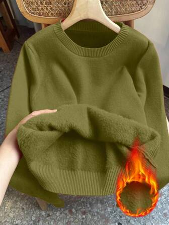 Chiquease Nuevo suéter de cuello redondo de manga larga con forro térmico para mujer