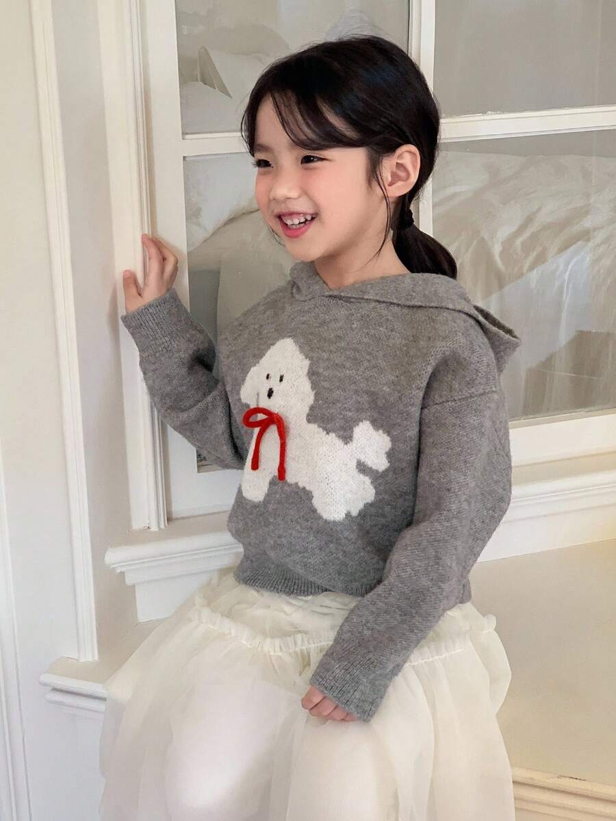 DAZY 少女卡通小狗连帽毛衣，秋冬 - 灰色 - 查看 1