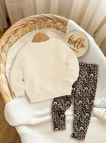 SHEIN 浅杏色可爱复古豹纹蝴蝶结图案女婴休闲针织柔软厚圆领长袖运动衫和打底裤套装，适合秋冬季 - 彩色 - 查看 2
