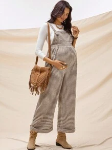 Boho Mama 孕妇格子口袋设计阔腿宽松休闲连体裤秋冬装阔腿连体裤波西米亚格子孕妇装女装连体裤女式孕妇连体裤孕妇阔腿连体裤孕妇装 - 卡其色 - 查看 8