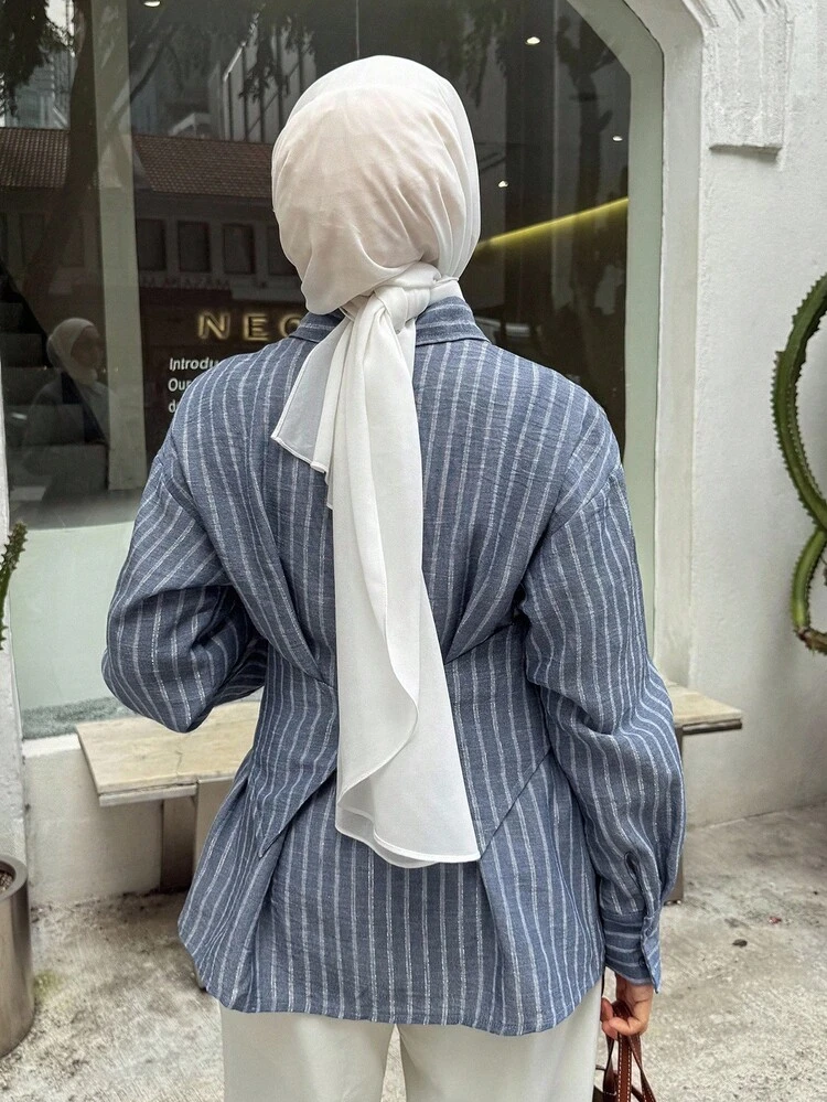 Casual Striped Loose Tie-Up Asymmetric Women Shirt Modest Fashion Long Sleeve