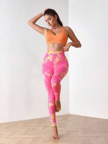 Menodora SHEIN Sport Menodora SHEIN Sport 扎染印花高腰无缝紧身裤舞蹈服瑜伽女裤 - 玫紅色 - 查看 7