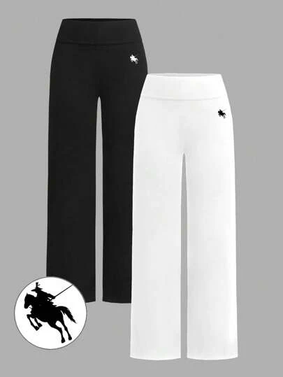 SHEIN EZwear 2 件女士休闲简约高腰喇叭直筒裤，带小马图案，黑白，适合夏季