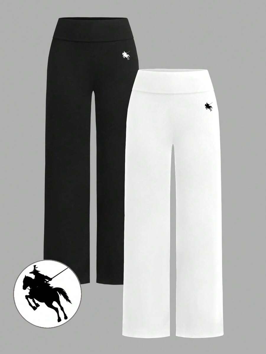 SHEIN EZwear 2 件女士休闲简约高腰喇叭直筒裤，带小马图案，黑白，适合夏季 - 彩色 - 查看 1