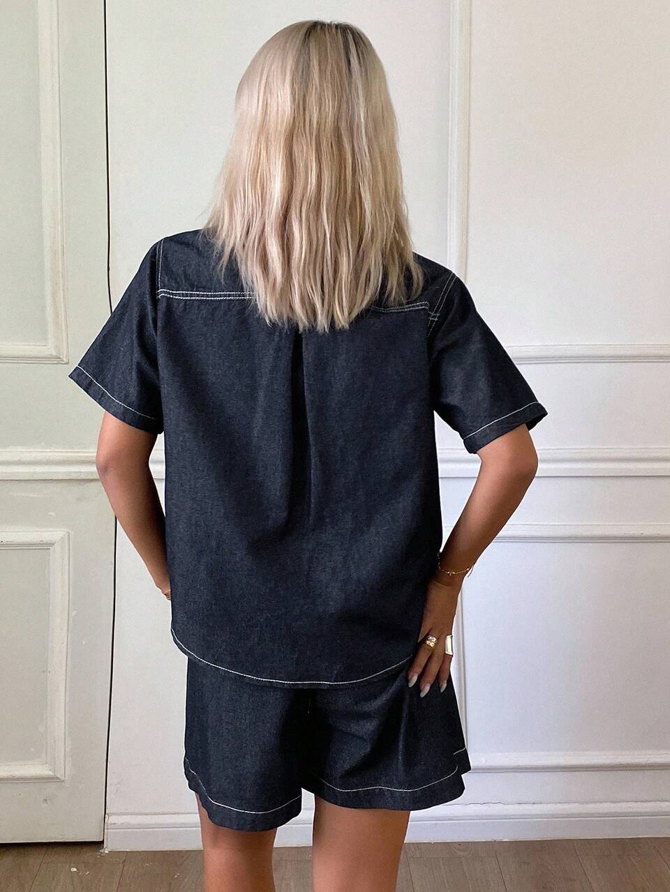 Women's Casual Washed Loose Shirt & Elastic Waist Denim Shorts Set