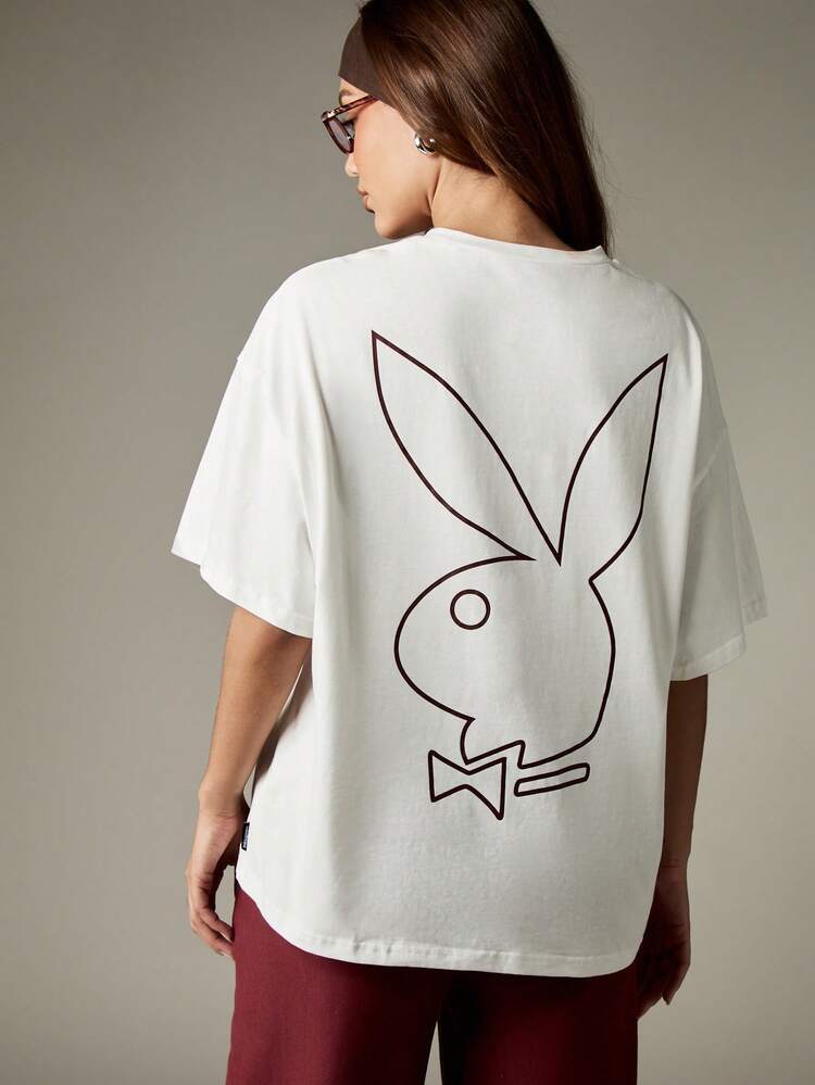 Missguided x Playboy Oversized White Graphic T-Shirt With Front Varsity P53 Logo And Back Bunny Design Retro Style Classic College Aesthetic Fall Winter