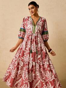 Travachic Plus Size Women's Pink & Green Tropical Plant Print Maxi Dress, V-Neck Tie Bow Long Sleeve Loose Casual Dress, Early Autumn Boho Dress Women Summer Dresses For Women With Sleeves Resort Dresses For Women Floral Print Dress French Dresses For Women Autumn Dress Going Out Dress Fall Clothes Fall Clothes Plus Size Autumn Clothes Wedding Guest Dress Elegant  Old Money Beach Outfits For Woman Resort Wear Women Ibiza Outfit
