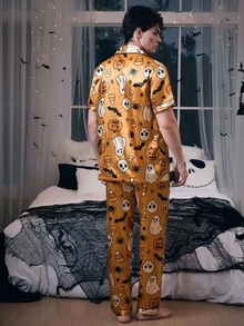 CoupledUp 男士仿丝万圣节鬼南瓜印花短袖睡衣套装 - 橘色 - 查看 2