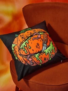 MADBALLS X SHEIN 1 Stück 45*45cm Plüschkissenbezug (ohne Kissenfüllung), Verrückter Augapfel & Kürbiskopf Muster Halloween Kissenbezug, fluoreszierender Digitaldruck Effekt, leuchtend & lebhaft, Halloween Dekoration
