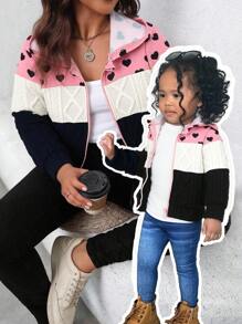 SHEIN Babygirl Fashion Design Cute Color Matching Girl Heart Pattern Textured Fabric Hooded Jacket, Comfortable And Soft Fabric Cares For Baby's Skin, Warm And Practical, Suitable For Autumn And Winter, Is The First Choice For Mothers Shopping, Versatile - Multicolor - View 1