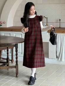 DAZY Girls Plaid Dress With Flutter Sleeves, Casual Plaid Pinafore Dress, Fashionable Street Style For Fall/Winter - Multicolor - View 3