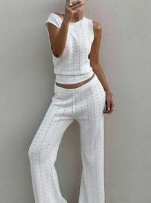 Siren Gaze 女式纯色不对称肩针织上衣和针织裤休闲度假套装，白色女式毛衣两件套，单肩针织上衣，白色毛衣裤套装，返校服，秋季女装白色裤子套装，全白派对装 - 米色 - 查看 5