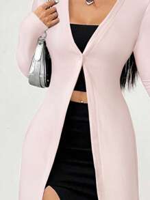 SHEIN EZwear 女士休闲浅粉色修身纽扣长款开衫外套秋冬 - 淺粉色 - 查看 7