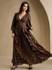 Anewsta New Stylish Design V-Neck Floral Ruffle Hem Maxi Dress, Slimming - Coffee - View 5