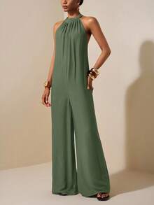 Zivah Mono de playa de primavera y verano, de cuello halter o redondo, sin mangas, ultra holgado y de pierna ancha, para ocio, vacaciones y uso diario - Verde militar - Ver 7