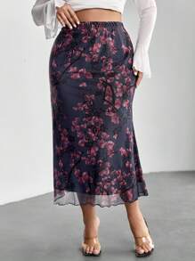 Firerie Elegant Floral Print Fitted Skirt, Plus Size - Multicolor - View 5
