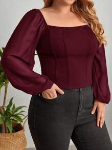 Firerie 加大方领灯笼袖上衣 - 酒紅色 - 查看 6