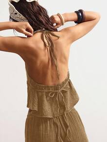 Bohemela 1 chiếc áo ba lỗ cổ yếm dệt trơn màu dành cho nữ - màu nâu - Xem 3