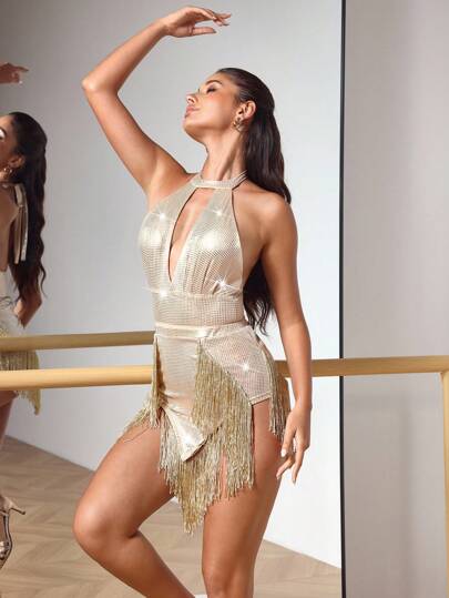 Menodora SHEIN Sport 女式亮片镂空流苏装饰露背拉丁舞服装