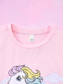 My Little Pony X SHEIN 青少年女孩休闲可爱卡通飞马和字母图案宽松短袖 T 恤，夏季 - 粉色 - 查看 3