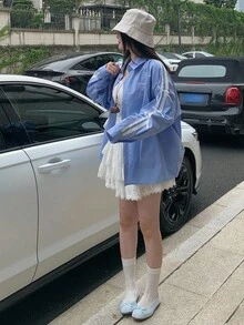 DAZY Women's Contrast Color Ribbon Bow Print Loose Casual Blouse Fall Tops Long Sleeve Top - Blue - View 3