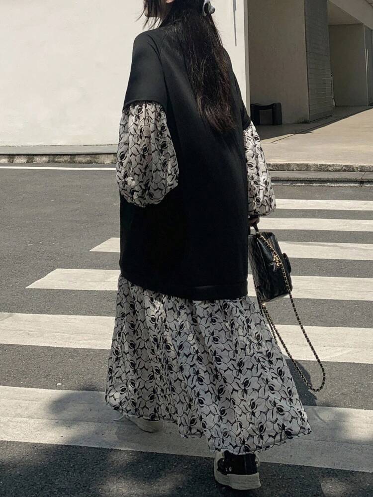 Women's Round Neck Long Sleeve 2 In 1 Patchwork Casual Elegant Dress Maxi Dress