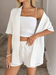 SHEIN LUNE 2pcs/Set Plus Size Casual Elastic Waist Top & Shorts Set Plus Size Linen Outfits Women Summer Outfit Set Linen Two Piece Set Summer Cardigan Plus Size Plus Size Summer Outfit Vintage Old Money Style Women Streetwear Fall Outfits Back To School Kawaii Streetwear Women Vintage Clothes Basic Back To School Autumn Going Ou Tracksuit White Shirt