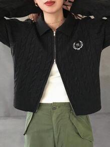 FRIFUL 女式数字刺绣长袖拉链休闲针织开衫夹克 - 黑色 - 查看 5