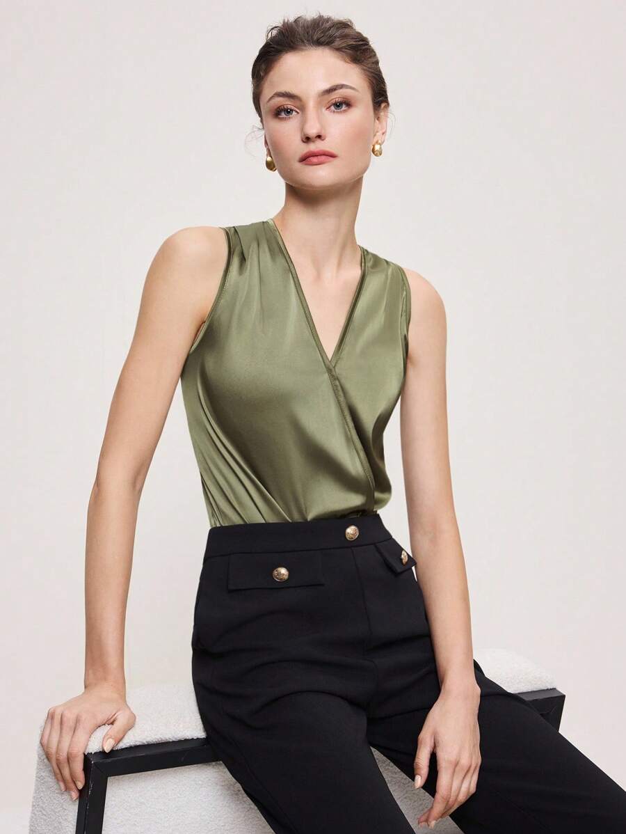 BizChic 2025秋冬新款绿色不对称剪裁斜翻领交叉露肩连体衣，现代优雅都市商务休闲办公装，适合约会、派对、郊游、机场、浪漫乡村音乐会、韩式、机场、婚礼嘉宾、生日、万圣节、圣诞节 - 綠色 - 查看 1