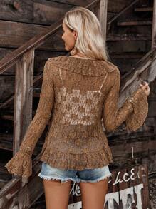 LanaWest Women's Casual Retro Deep V-Neck Flare Sleeve Ruffle Hem Textured Brown Jacket Fall Winter Cloth For Women - Brown - View 4