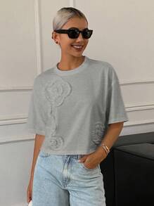 DAZY 女士休闲百褶花卉宽松短袖短款圆领T恤，秋季 - 灰色 - 查看 4