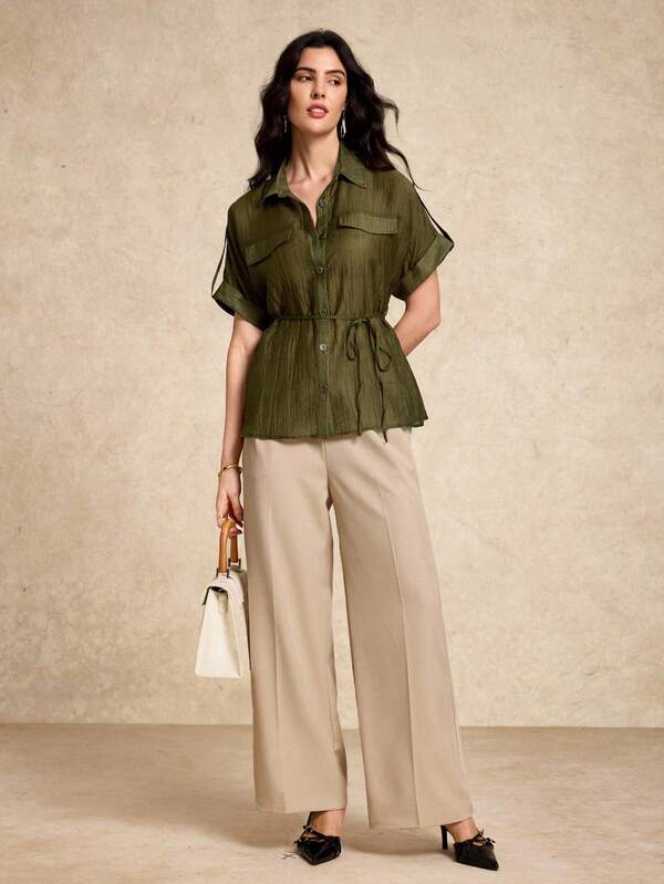 House of One Blusa holgada con cuello abotonado, mangas enrolladas y cinturón anudado para mujer, de uso casual en verano y otoño