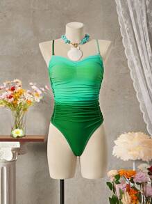 SHEIN Swim 漸層褶邊連體泳衣 - 彩色 - 查看 1