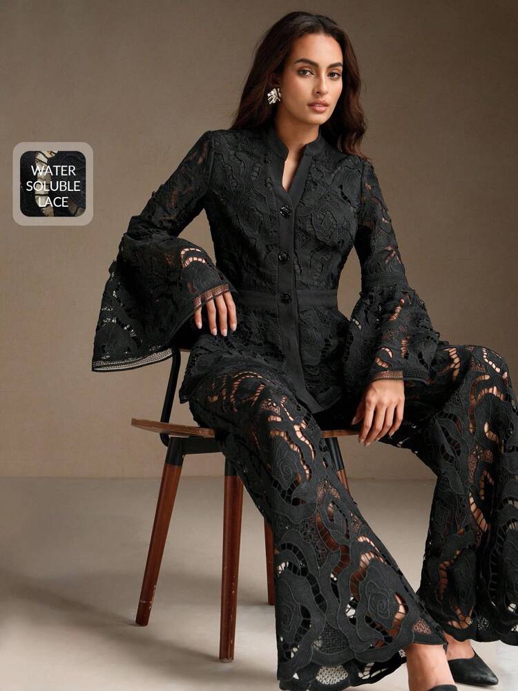 Chaqueta de mujer con mangas acampanadas, cuello en V y diseño hueco de rosa floral, elegante y romántica